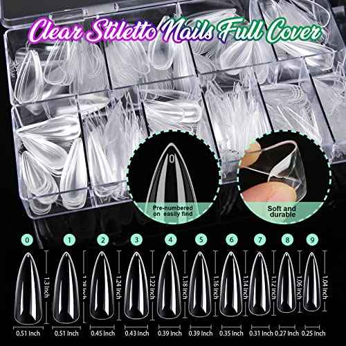 Teenitor Clear Nail Tips Full Cover, Long Stiletto Nails Tips For Acrylic Nails, 600 Pcs Almond Shape Fake Nails Tips With Glue, Acrylic Nail Clipper, Nail Stand Clear Glue On Nails