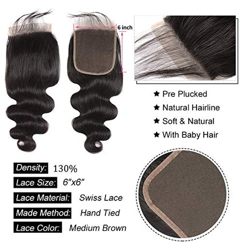 6X6 HD Transparent Lace Closure Human Hair Pre Plucked Closure Body Wave Brazilian Virgin Hair 6X6 Colsure With Baby Hair High Density Real Human Hair Wet And Wavy Natural Black 16 Inch