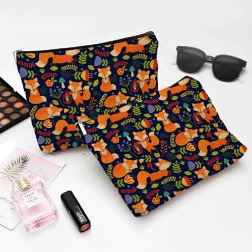 Small Makeup Bag for Purse Cute Canvas Waterproof Cosmetic Bags for Women Zipper Travel Toiletry Pouch-Fox Makeup Bags