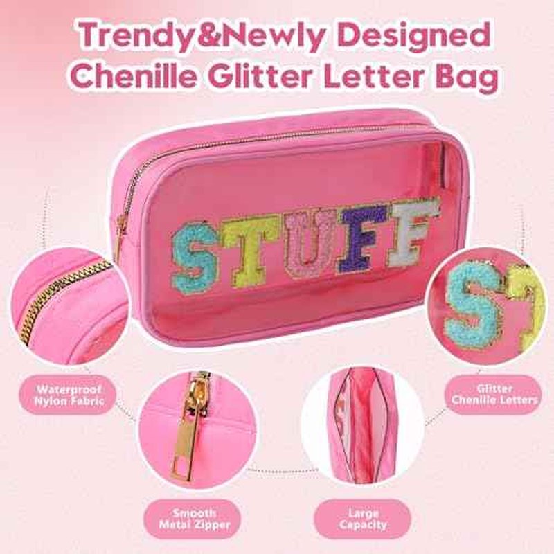 Swim Chenille Letter Makeup Bag,Waterproof Cute Women Clear Cosmetic Bags Sunscreen Organizer for Beach Pool Swimming Team Swimmers,Travel Toiletry SPF Zipper Pouches for Teen Girls (PINK-SWIM)