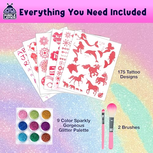PURPLE LADYBUG 175-Piece No-Mess Temporary Glitter Tattoo Kit for Kids & Teens - Craft for Girls 8-12, Birthday Gift for Girls 6-12, Sleepover Kit, Shimmer Body Art, Halloween Party, Trick or Treat