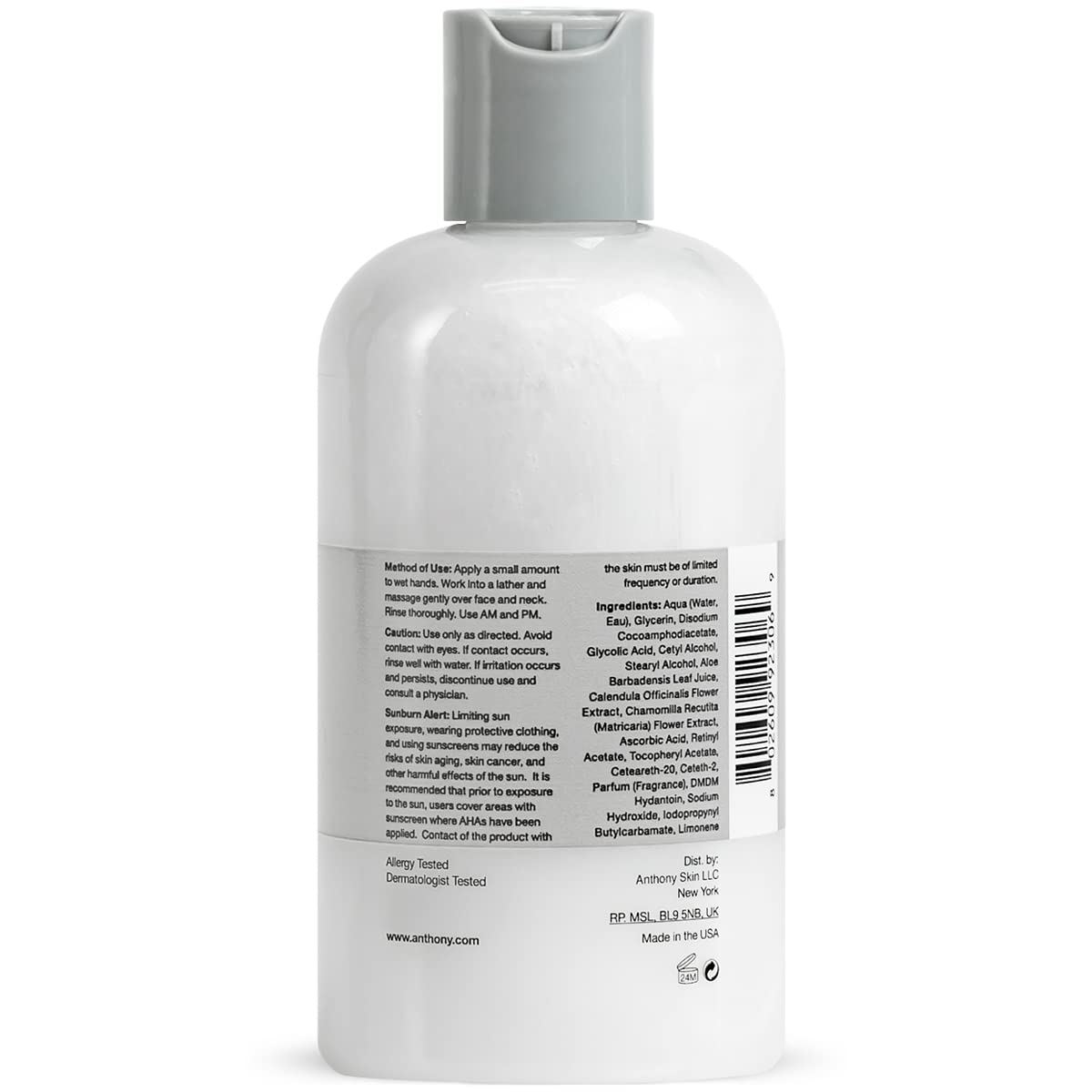 Anthony Glycolic Facial Cleanser for Men, Glycolic Acid Face Wash, Daily Glycolic Acid Cleanser with AHA for Deep Cleansing, Shave Prep, Removes Dirt and Oil, Non Foaming, 8 Fl Oz