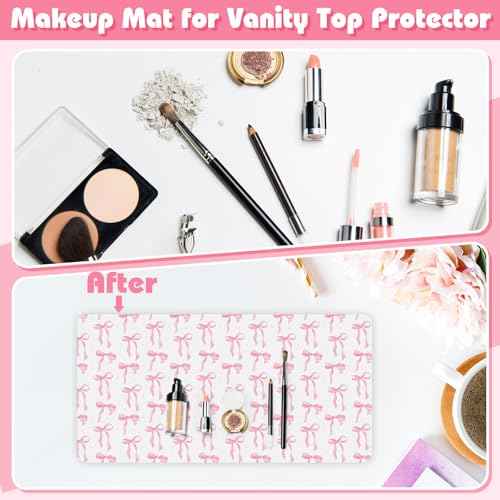 Coquette Bow Makeup Mat for Vanity Top Protector, Dual Sided Leather Vanity Waterproof Desk Pad Dressing Blotter Mat Nonstick for Women Home Office Decor Work(Pink,15.7" X 31.5")
