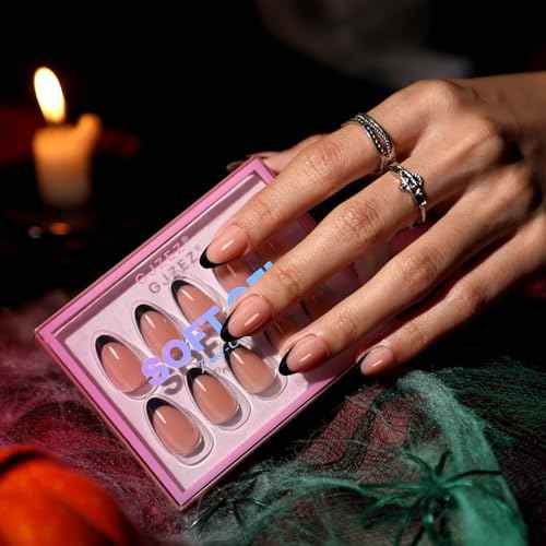 Black French Tip Press on Nails Halloween Fall - GJZEZ Soft Gel Short Almond Christmas Prom Fake Nails Press Ons, Salon Quality False Glue on Nail | 16 Sizes - 32 pcs Reusable Nail with Glue