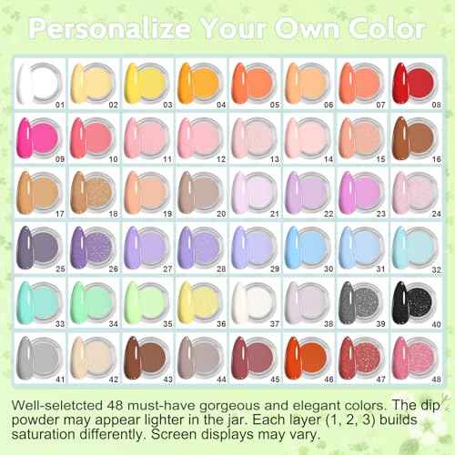 Lavender Violets 62 Pcs Dip Powder Nail Kit Starter, 48 Colors Nude Pink Brown Red Green Blue Purple Glitter with Dip Powder Liquid Set and Essential Manicure Tools for Nail Art Designs G902