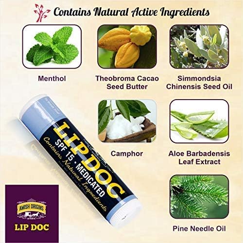 Amish Origins Lip Doc SPF 15 Medicated Lip Balm - All-Natural Moisturizing Formula for Chapped Lips | 2-Pack