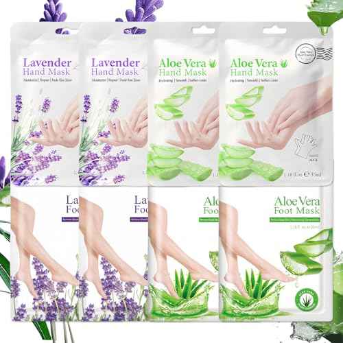 8 Pairs Hand and Feet Mask, Hand Gloves Moisturizing, Hydrating, Feet Peeling Mask for Men Women Repairing Dry, Cracked Skin, Aloe Vera & Lavender,
