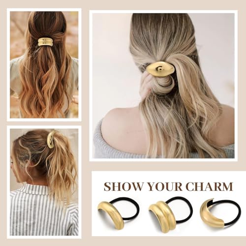 3PCS Gold Hair Ties, Metal Hair Ties for Thick Hair, Elegant Durable Geometric Design, Gold Hair Accessories Stretchy and Non-Damage Ponytail Cuff Holders, 3 Styles in Box Holiday Christmas Gifts