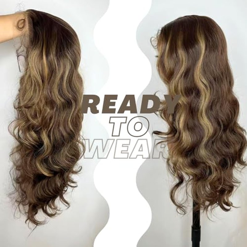 Ombre Brown Highlight Lace Front Wigs 13X6 Body Wave Synthetic Lace Front Wig For Black Women Highlight Wavy Wigs HD Glueless Lace Frontal Wigs Free Part Ready To Wear Wig