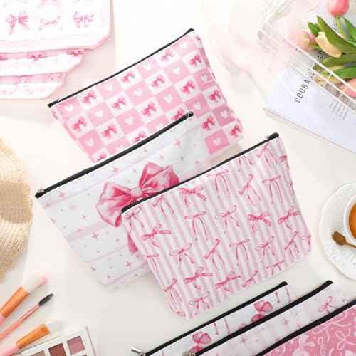 Reginary 12 Pcs Pink Bow Makeup Bags Coquette Bow Cosmetic Bags with Zippers Coquette Party Favors Pink Aesthetic Elegant Pouch Bulk Gifts for Women Stuff Christmas Birthday Supplies Travel Accessory