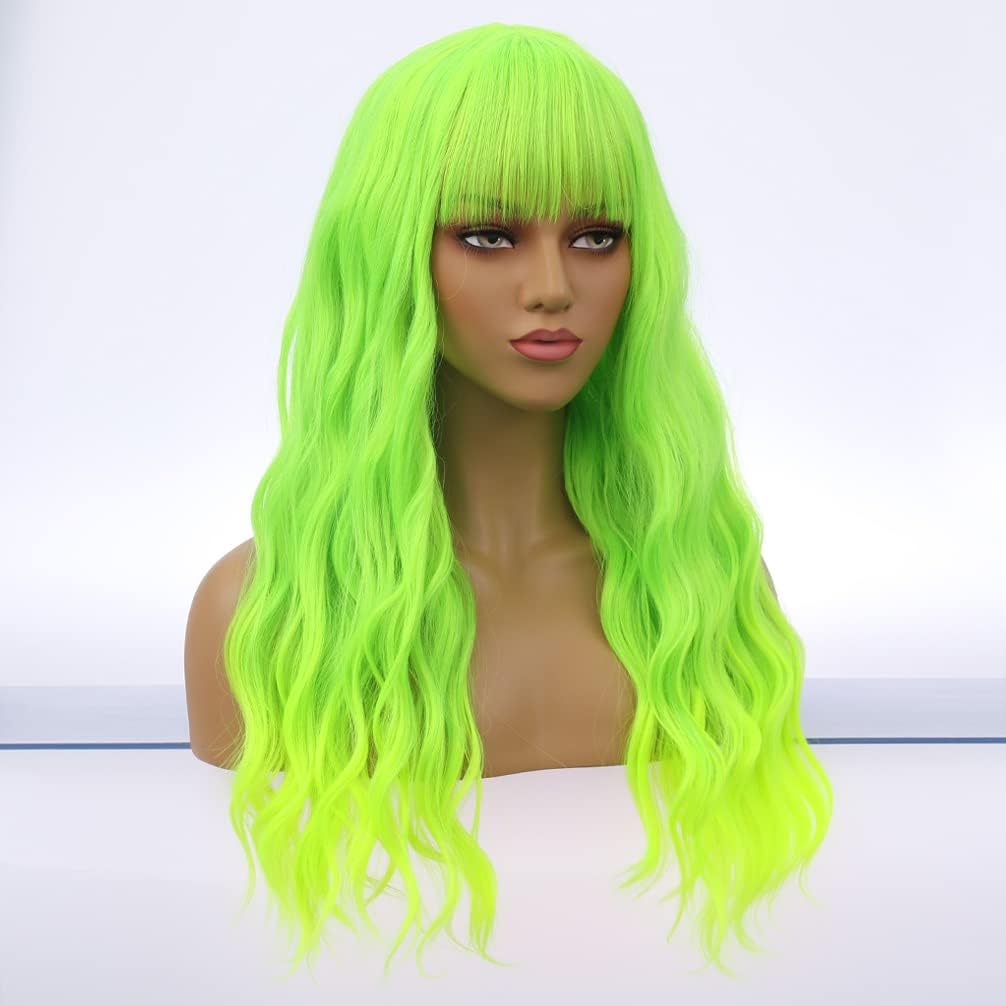 BERON 26 Inches Green Wig Long Curly Neon Green Wig with Bangs for Women Daily Party Hairnet Include