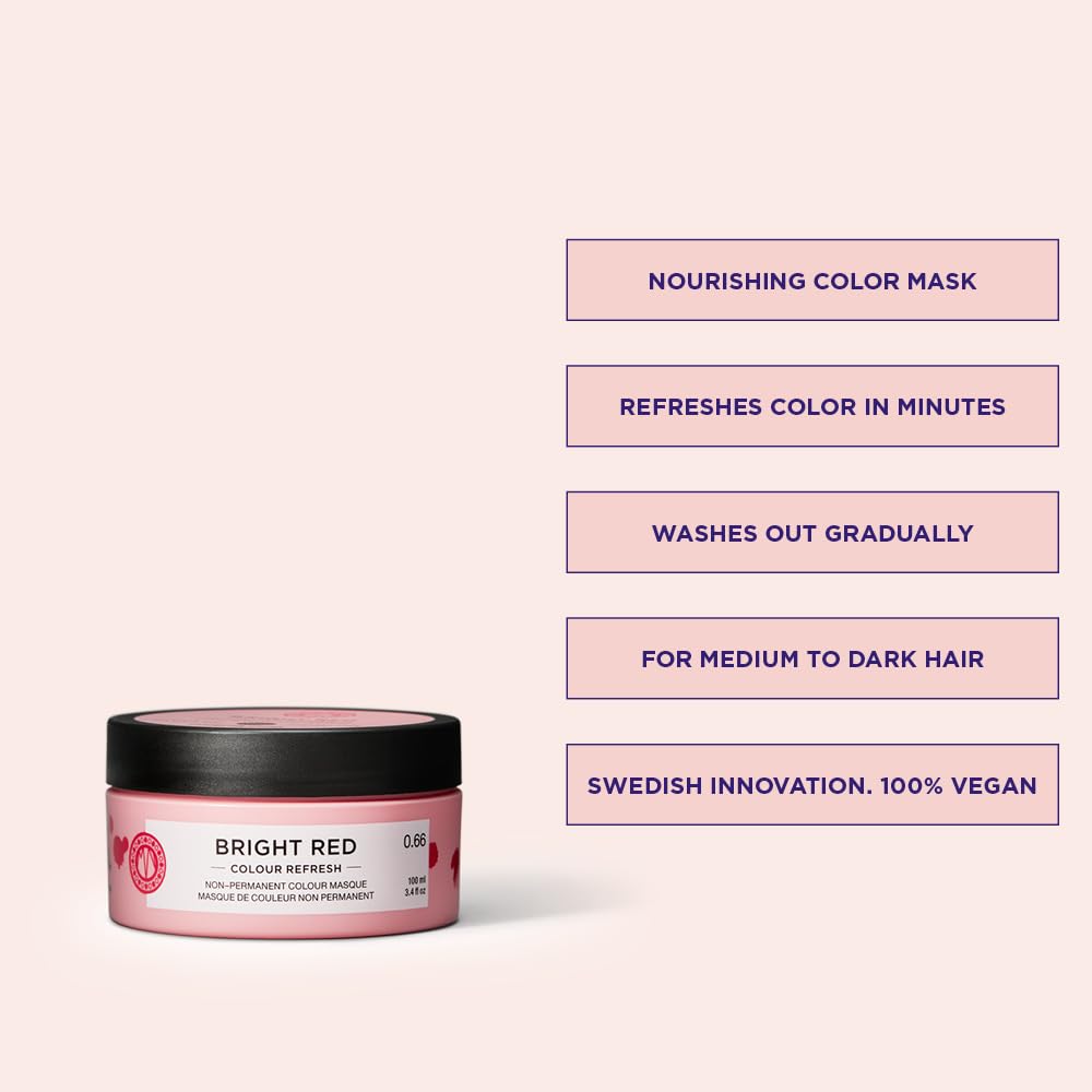 Maria Nila Color Refresh, Bright Red 3.4 Fl Oz, Red Hair Mask, Semi-Permanent Pigments, 100% Vegan & Sulfate/Paraben free