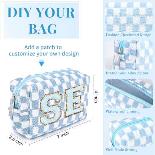 SOIDRAM Checkered Makeup Bag Preppy Cosmetic Bag Bulk Blue Makeup Pouch Personalize Travel Toiletry Bag Organizer Cute DIY Makeup Brushes Storage Bag for Women