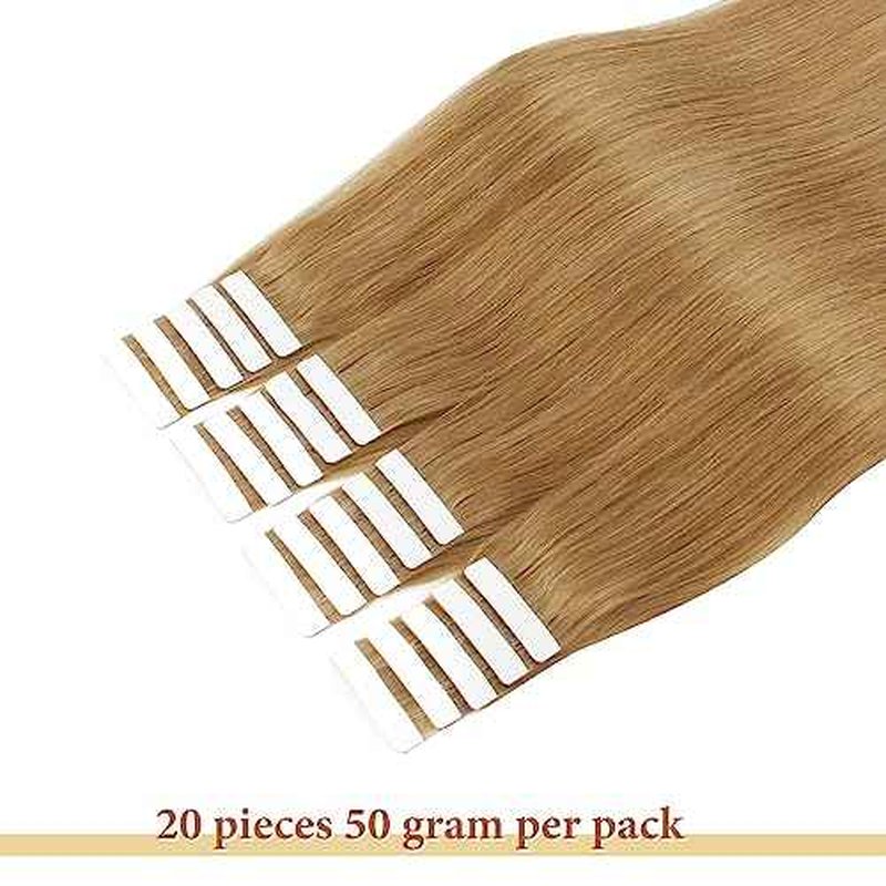 Lovrio Tape in Hair Extensions Straight Hair, 27 Strawberry Blonde Seamless Skin Weft Human Hair 50 Gram 14 Inch 20 Pieces