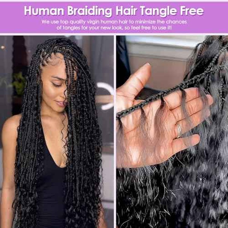 Human Braiding Hair for Boho Braids 100% virgin Human Hair 110g 16-24 Inch Curly Knotless 12A Deep Wave Bulk Bohemian Braiding Hair for 2 Bundles/Pack Extensions (Natural Black-Deep Wave, 22 Inch)