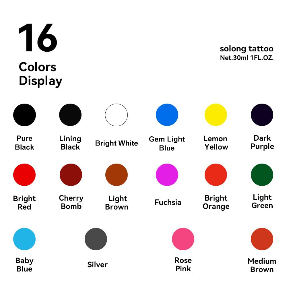 Tattoo Ink Color Set - 16PCS 1oz (30ml) Pigment Kit for Professional Tattooing | Vibrant Colors
