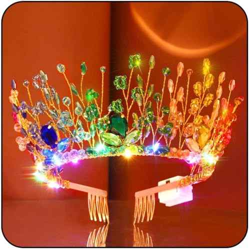 Woeoe Light Up Crystal Headband Colorful Beads Crown Carnival Headpiece with Combs Festival Prom for Women