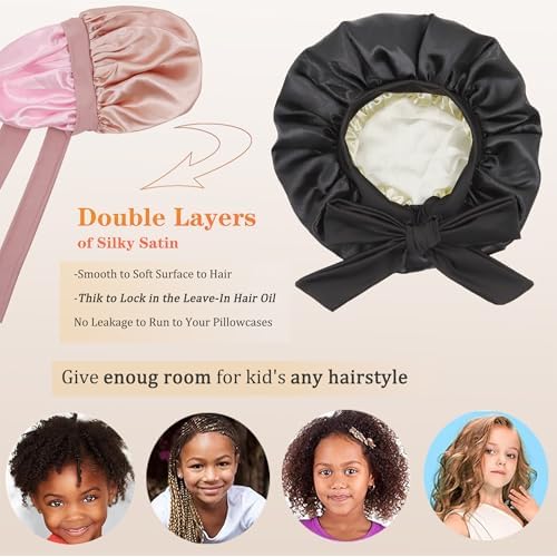 2 PCS Kids Bonnet for Girls Double Layer Silk Satin Bonnet Sleep Cap for Child Curly Natural Hair 3-12Y (pink&black)