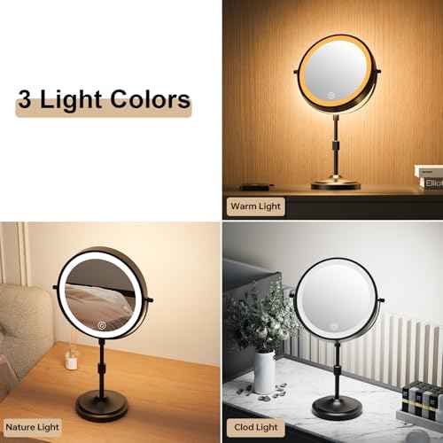 9" Magnifying Mirror with Lights 20X, Height Adjustable Lighted Makeup Mirror with Magnification, 5000mAh Rechargeable Battery, Dimmable, 3 Lighting Colors, Black