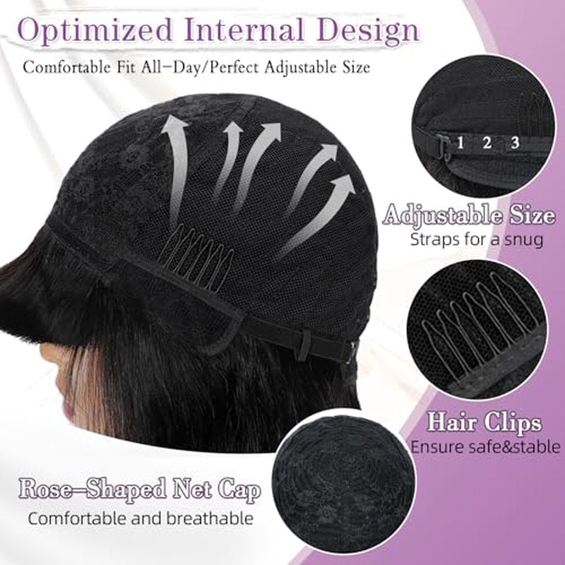 Bob Human Hair Wig with Bangs Silky Straight Glueless Wigs Human Hair 150% Density Black Bob Wig with Bangs None Lace Machine Made Wigs for Black Women 14Inch