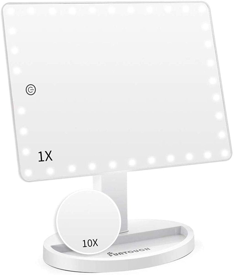 FUNTOUCH Large Lighted Makeup Mirror with Lights, Light Up Mirror with Small 10x Magnification for Desk, 360°Rotation Touch Screen,Brightness Adjustable Tabletop Cosmetic Vanity Make Up Mirror