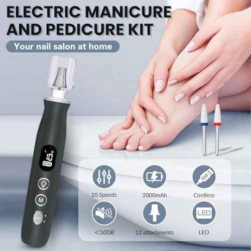 Electric Nail File Drill, Cordless 2000 mAh Rechargeable Nail Filer Electric 12 in 1 Kit Nail Grinder Tool Portable Professional Nail Dril Machine for Acrylic Manicure and Thick Toenails Grinder Care