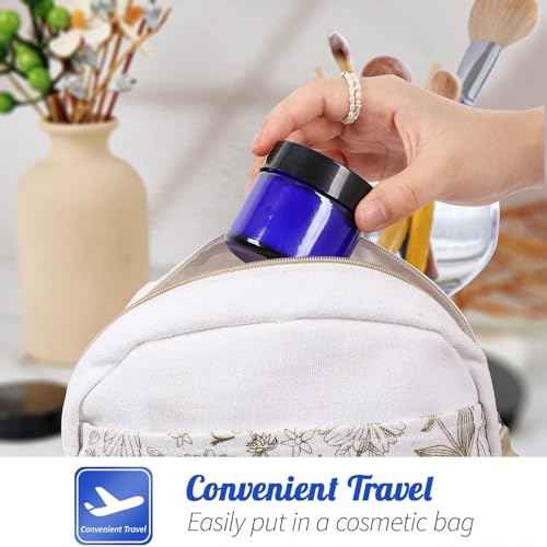 24 Pack 2 oz Round Blue Glass Cosmetic Jars with Inner Liners and Black Lids, Travel Jars, Refillable Containers for Makeup, Cream, Lotion, Sugar Scrubs, Eye Shadow, Slime, Paint, Jewelry