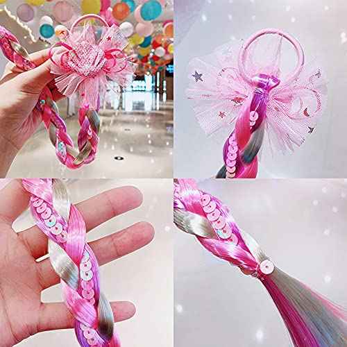 8 Pieces Colored Braids Hair Extensions with Rubber Bands Ponytails Hair Bows Rainbow Color Synthetic Hairpieces Glitter Braided Hair Extensions for Women Kids Girls Party Highlights Cosplay Dress Up