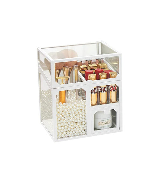 MOOCHI White Vintage Glass Cosmetic Multifunctional Makeup Organizer with Pearls Dustproof Cosmetics Storage Display Case For Brushes Lipsticks