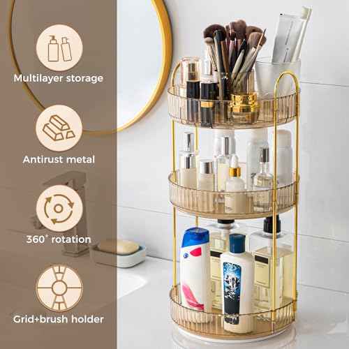 360¡Æ Rotating Makeup Organizer, Upgraded 3 Tier Skincare Perfume Organizers for Women, Bathroom Organizer Countertop, Clear Cosmetic Dresser Organizer with Makeup Brush Holder, Sink&Counter(Amber)