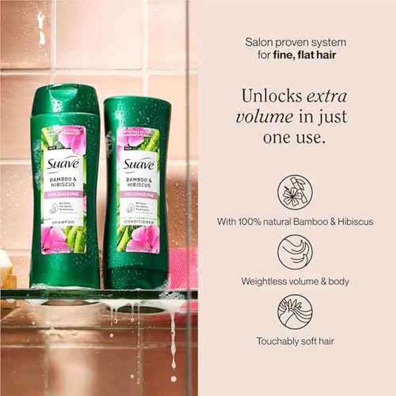 Suave Bamboo & Hibiscus Volumizing Conditioner, for Fine and Flat Hair, Salon Proven System for Boosting Hair Volume and Body, 12.6 oz