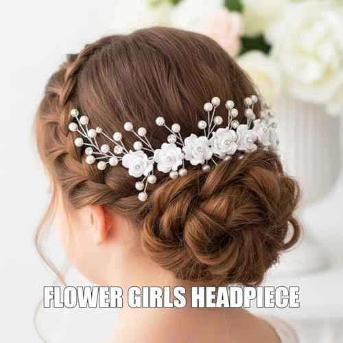 Campsis Flower Girls Hair Accessory, White Floral Headband, Pearl Headpiece for Bridal