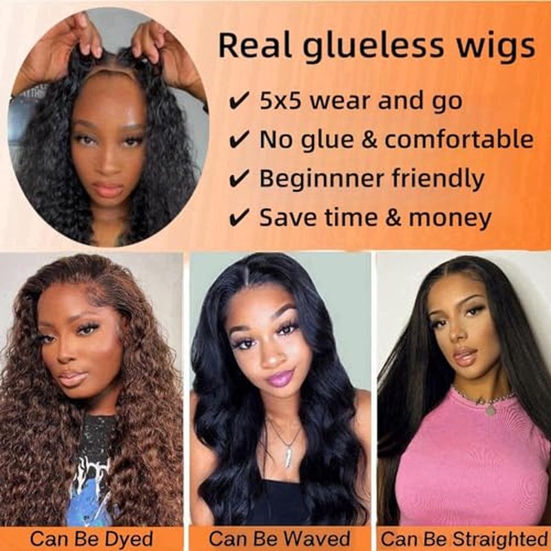ONICE Glueless Wigs Human Hair Pre Plucked 5x5 HD Lace Closure Human Hair Wigs For Black Women 5x5 Curly Human Hair Wig Glueless Wear And Go Deep Wave Wig (Natural Black,10Inch)