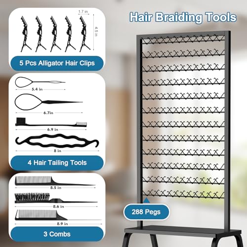 Portable Braiding Hair Rack with Wheels & Storage Drawers,2-Sided 288 Pegs,Hair Extension Holder Hanger for Braiding Hair Separator Stand Display,Hair Rack with Stylist Hair braiding Tools (Black)