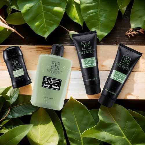 Mens Luxury Bath and Body Gift Set For Him - Skin Care Kit in Eucalyptus and Mint - Fathers Day Birthday Christmas Gifts Ideas For Men - 7Pcs Set w. Full Size Items in Leather Toiletry Bag