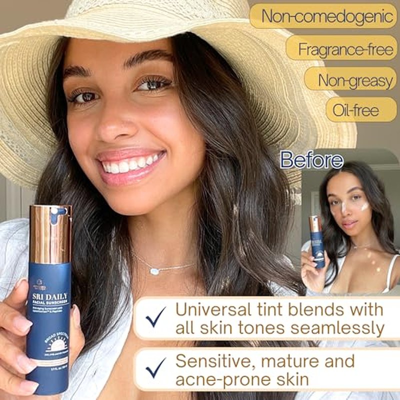 SRILabs Daily Facial Sunscreen - SPF 40 - Anti-Aging with Lipochroman & Peptides - Transparent Zinc Oxide - Universal tint & Weightless - 1.7 OZ