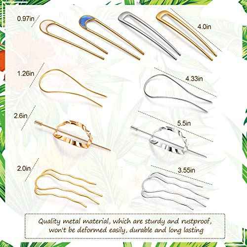 10 Pieces Metal U-Shape Oval Side Comb Hairpin Hair Fork Clip Stick Hair Bun Updo Sticks Gold Silver Chignon Pin Grips for Women Styling Tool Accessories