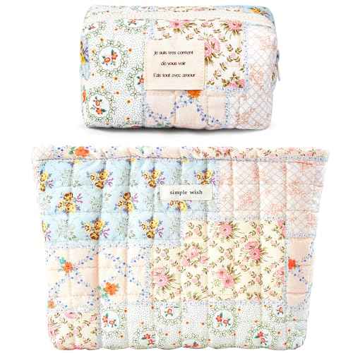 2 Pieces Floral Makeup Bag, Cute Travel Quilted Pouch Cosmetic Bag Organizer, Small Cotton Coquette Aesthetic Purse Toiletry Bag for Women Girls accessories (Blue Flower-2PCS)