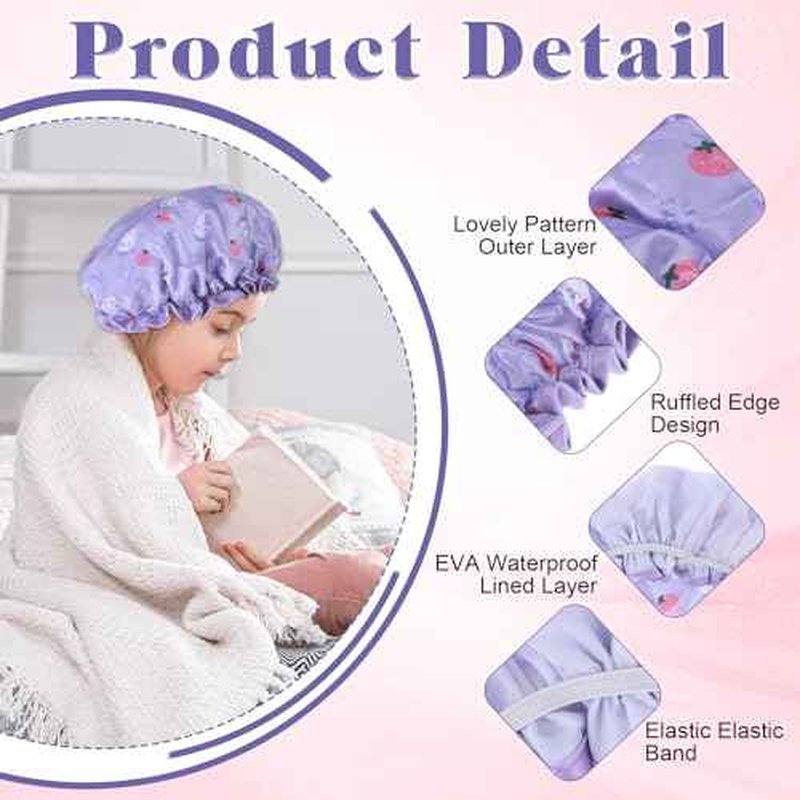 TIESOME Kids Shower Caps, 2 PCS Yellow & Purple Waterproof Double Layers Shower Caps Cute Rabbit Bonnets Elastic Band Bonnet Satin and Eva Soft Kids Sleeping Cap Reusable Shower Cap for Kids