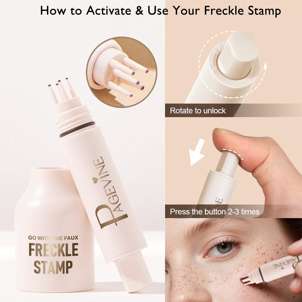 Faux Freckle Stamp Pen – Upgraded Liquid Freckle Marker with Multi-Prong Soft Tip, Air Cushion Applicator for Natural Sun-Kissed Look, Long-Lasting Freckle Makeup Tool (2# Medium)