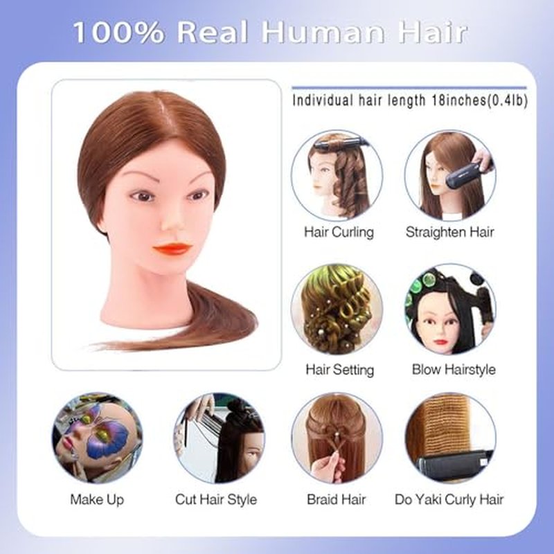 Mannequin Head with 100% Human Hair, TopDirect Real Hair Cosmetology Mannequin Head Hair Styling Hairdressing Practice Training Doll Head with Clamp Holder and Tools (Dark Brown)
