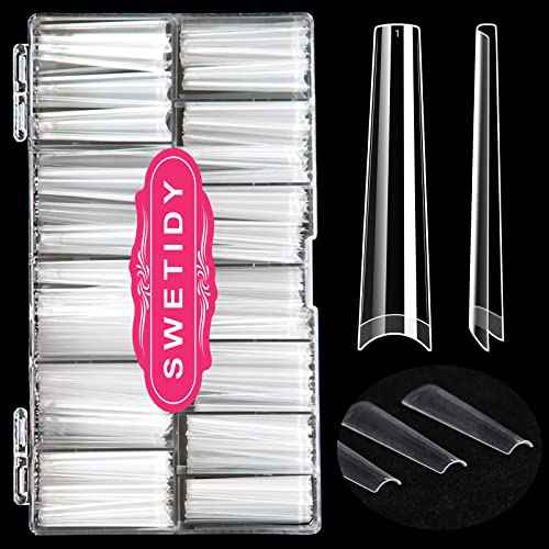 No C Curve 3XL Long Coffin Nail Tips, 420pcs Clear Acrylic Coffin Shape SWETIDY Flattened Half Cover False Nails for Salon&Home DIY French ABS Nail Art Tips,12 Sizes