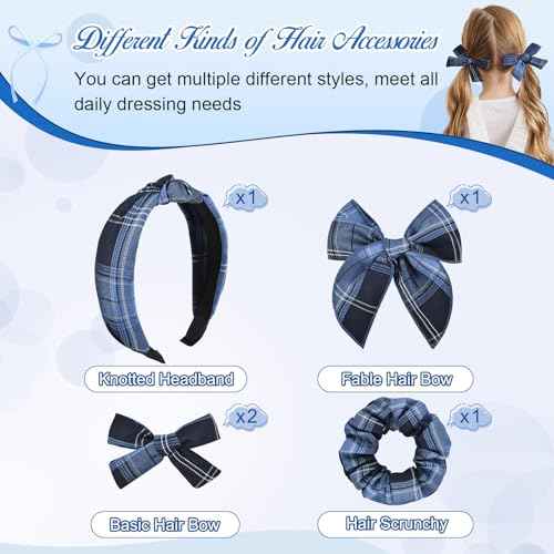 DEEKA School Uniform Plaid Hair Bows & Knotted Plaid Headband & Scrunchies Fable Hair Bow Set Alligator Clips for Toddler Girls Hair Accessories for Little School Girls (Navy Blue)