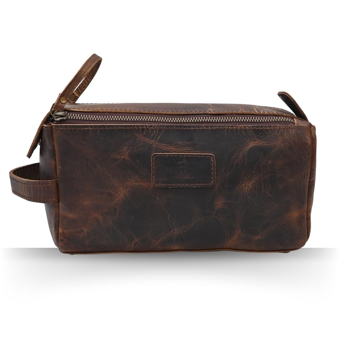 Autentico Leather Toiletry Bag for Men Travel Essentials Shaving Dopp Kit Buffalo Leather, Handmade Vintage Distressed Waterproof Grooming Organizer Cosmetic Case Unisex Use, Brown