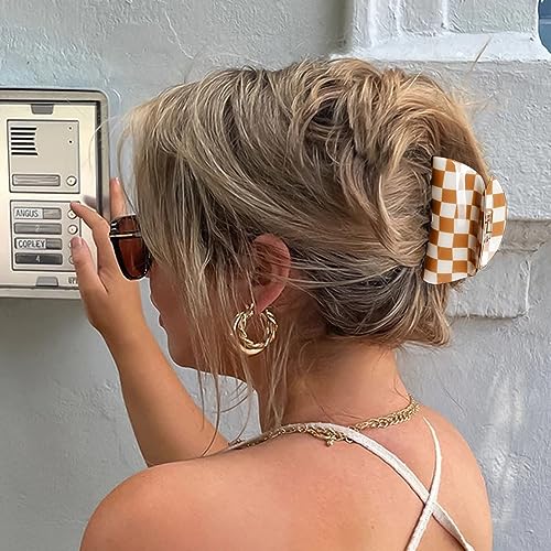 Brown & White Checkered Hair Clips, 3 Pack - Includes Square, Semicircle, and Rectangle Claw Clips for Thick or Thin Hair, Hair Accessories for Women and Girls