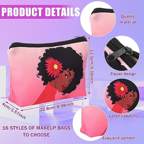 Mumufy 16 Pcs Black Women Makeup Bag African American Makeup Bag Afro Toiletry Canvas Cosmetic Bags Reusable Zipper Pouches Multi Purpose Organizer for Travel Women Inspirational Gifts