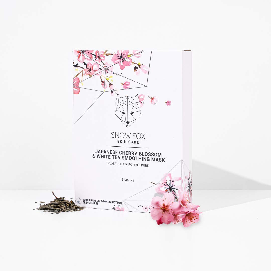 Snow Fox Japanese Cherry Blossom & White Tea Smoothing Sheet Mask – Hydrating Face Mask for Glass Skin Glow & Bridal Makeup Prep – Moisturizing Facial Skin Care for all Types – 5 Pack