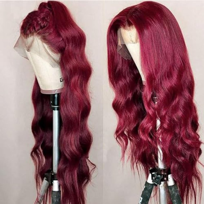 99j Burgundy Body Wave 13x4 Lace Front Wigs Red HD Transparent Lace Frontal Wigs Human Hair Pre Plucked with Baby Hair 22 inches Wine Red Colored Body Wave Wigs for Women Full and Thick 220% Density