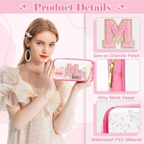 Personalized Initial Letter Clear Makeup Bag,Preppy Small Nylon&PVC Cosmetic Zipper Bag with Chenille Letter,Portable Beach Travel Skincare Toiletry Bag,Trendy Monogram Gift for Teen Girls Women,M
