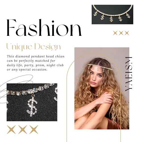 Gold Headpiece Dollar Sign Head Chain Bling Money Dangle Rhinestone Head Jewelry Sparkly Prom Party Hair Accessories for Women Girls